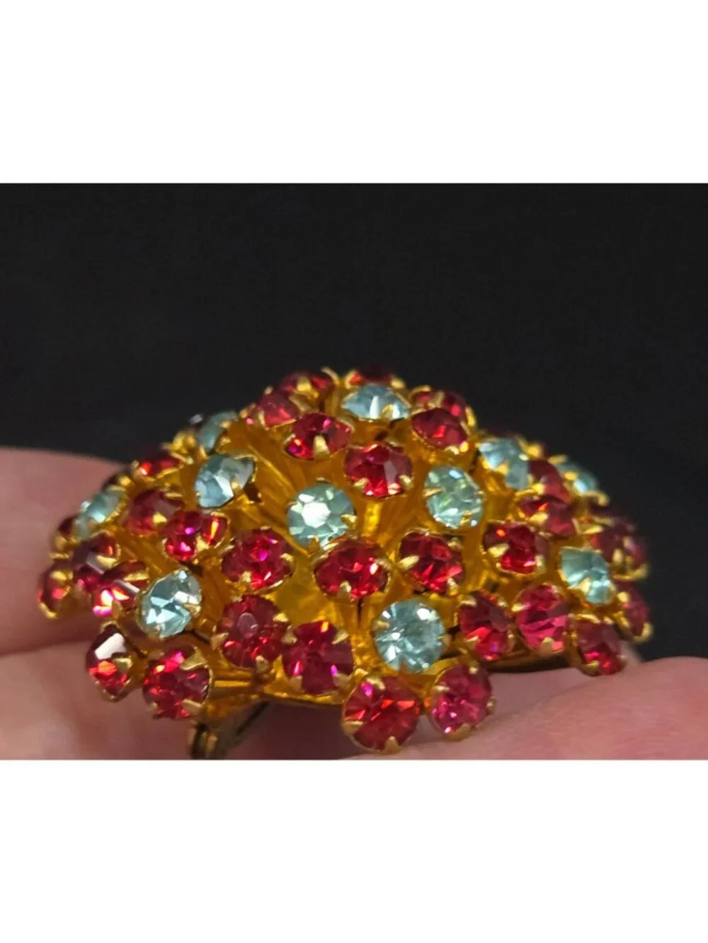 Stunning Czech Crystal Dome Brooch With Aurora Red & Blue Floral Design
